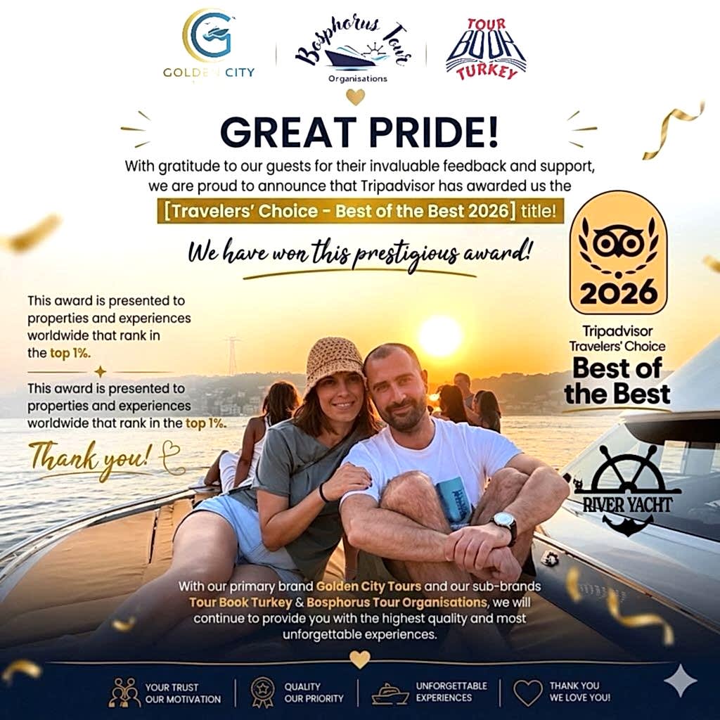 We are proud to announce that we have been awarded the Travelers’ Choice Best of the Best 2026 by Tripadvisor! 🏆 This recognition places us among the top 1% of experiences worldwide, based on the valuable reviews and support of our guests. As Golden City Tours, together with our brands Tour Book Azərbaycan and Bosphorus Tour Organisations, we are honored to deliver unforgettable experiences on the Bosphorus every day. A big thank you to all our guests for your trust and amazing feedback 🤍 We will continue to provide the highest quality and service. ✨ See you on board! #tripadvisor #bestofthebest #bosphorus #luxuryyacht #sunsetcruise